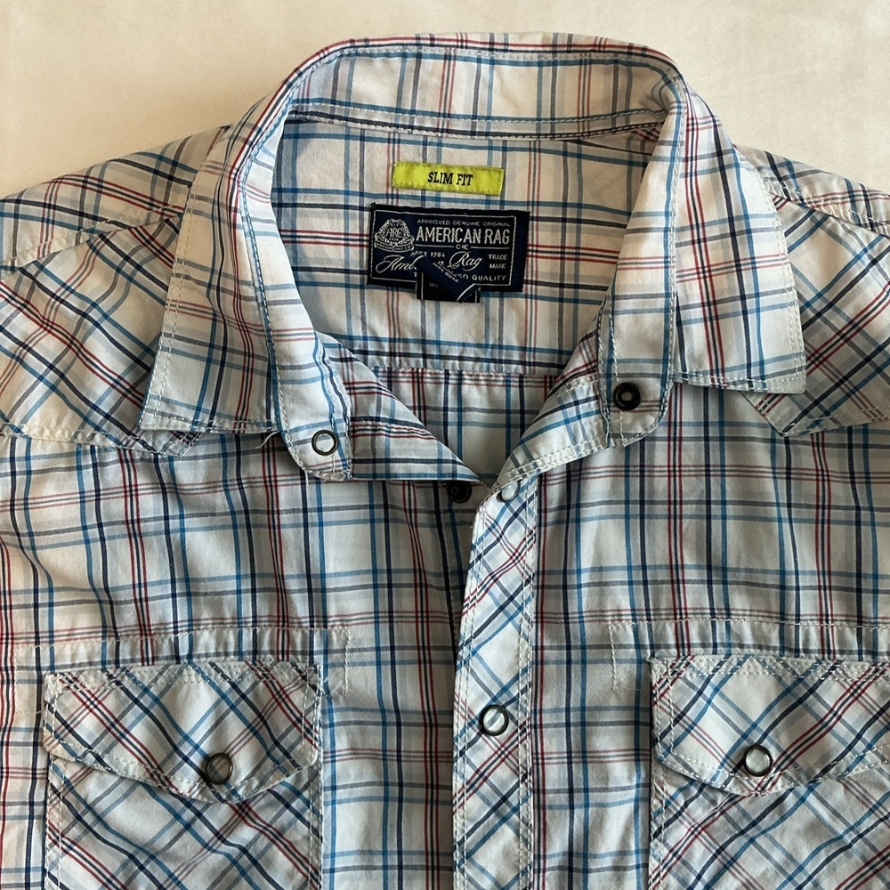 Men's American Rag CIE Slim Fit‎ Red White Blue Shirt Sz L Clear Snap Buttons